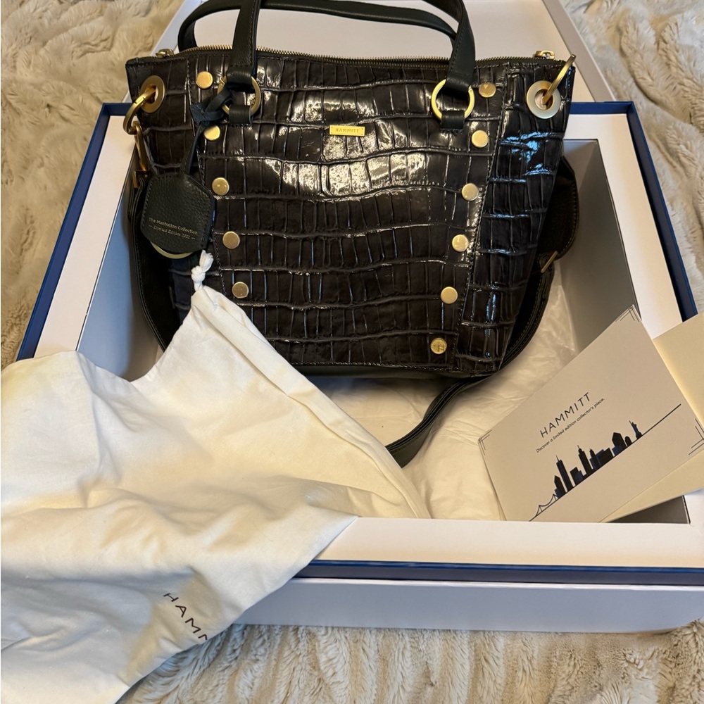 Hammitt Daniel Medium Manhattan Green Crocodile-Embossed Tote with Gold Details - Picture 11 of 13
